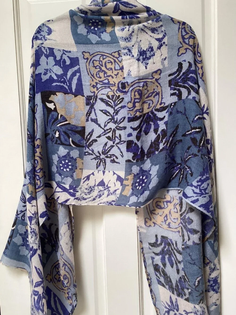 Blue and tan floral shawl, wrap, scarf - 74